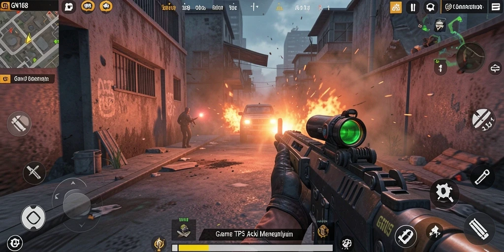 Screenshot gameplay GN168 dengan aksi mendebarkan dalam mode TPS.