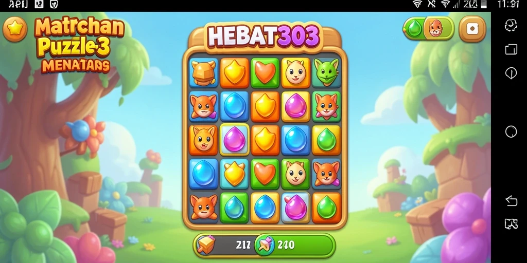 Screenshot HEBAT303 menampilkan gameplay Match-3 yang menarik dan penuh warna.