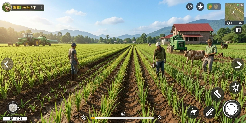 Tangkapan layar <strong>SPIN101</strong> menampilkan pemain yang sedang panen di ladang yang subur.